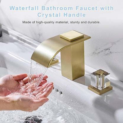 Brushed Gold Waterfall Bathroom Faucet 3 Hole Widespread Sink Faucet with Crystal Handles, Modern Bathroom Sink Faucet, 2 Handle Deck Mount Lavatory Faucet for Vanity Sink