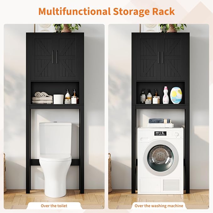 GarveeHome Over the Toilet Cabinet, Double Door Bathroom Storage Organizer, Toilet Rack with Open Storage Shelf, FreeStanding Toilet Shelf Space Saver, for Bathroom, Restroom, Laundry