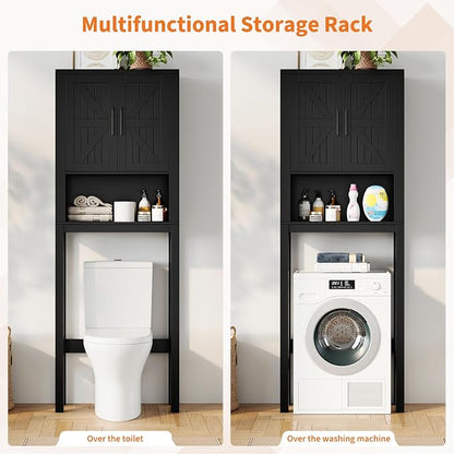 GarveeHome Over the Toilet Cabinet, Double Door Bathroom Storage Organizer, Toilet Rack with Open Storage Shelf, FreeStanding Toilet Shelf Space Saver, for Bathroom, Restroom, Laundry