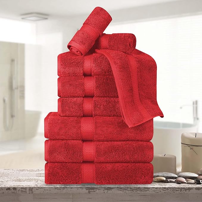 Superior Egyptian Cotton 800 GSM Plush & Absorbent, 9 Piece Set, Red | Quick Dry, Soft Luxury Towel Set, Bath Essentials, Guest Bath, Spa, 3 Bath, 3 Hand, 3 Face Towel, Madeline Towels