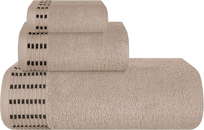 Ultra Soft 3 Pack Cotton Towel Set, Contains a Bath Towels 28x55 inch, a Hand Towels 16x24 inch & a Wash Cloths 12x12 inch, Ideal Everyday use, Compact & Lightweight - Tan