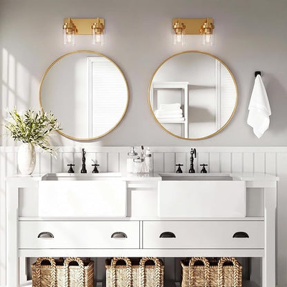 Bathroom Vanity Fixtures, 2 Light Matte Gold Vanity Light with Clear Glass Shade, 15in Farmhouse wall Light, Lighting Fixture Over Mirror for Bathroom