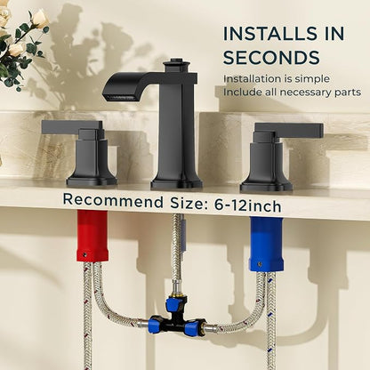 FORIOUS Bathroom Faucet 3 Hole Widespread Sink Faucets Matte Black | 3-hole 4-12 Inch Widespread Sink, Square Waterfall Spout, with Drain and Hoses,for Vanity Rv Commercial Lavatory Restroom