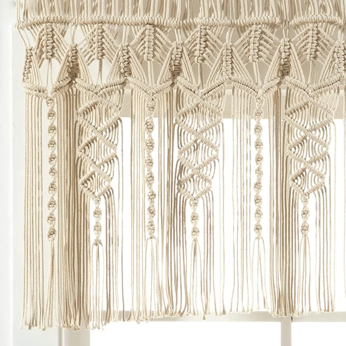 Lush Decor Boho Macrame Textured Cotton Valance, 50" W x 20" L, Neutral - Boho Kitchen Curtains & Wall Decor - Macrame Valance - Bathroom Window Curtains