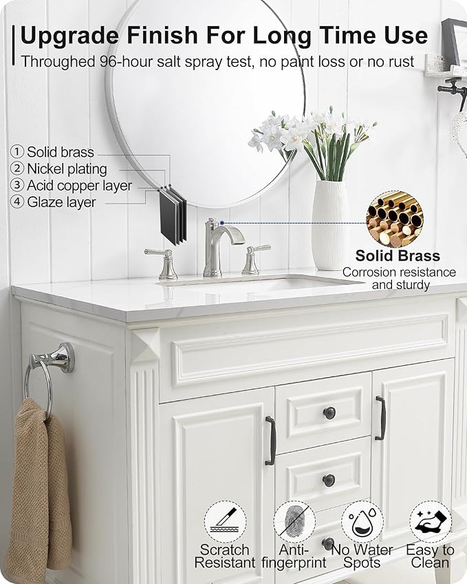 Brass Waterfall Bathroom Faucets, Brushed Nickel Bathroom Faucet 4-16 Inch, 2 Handle Widespread Bathroom Sink Faucet 3 Hole with Pop Up Drain and Supply Lines