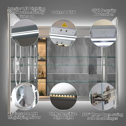 36x32-Inch Lighted Medicine Cabinet with Mirror,Removable 5X Magnificer | GFCI 1800W Outlet,Soft-Closed,Front&Backlit,Anti-Fog,Dimmable&Tunable,Sensor LED,Recessed/Surface,Adjustable Shelves