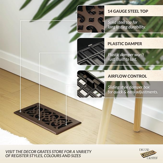 Decor Grates Metal Scroll Decorative Air Vent Cover 6x12 Floor Register – Adjustable Control Lever – AC Floor Vent Covers for Home Floor Vents – Fits 6 x 12 Inch Opening – Rubbed Bronze (SPH612-RB)