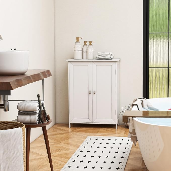Bathroom Cabinet with Adjustable Shelf Freestanding Storage Cabinet with 2 Doors Wooden Organizer Floor for Bathroom Kitchen and Living Room (White, 2 Doors)