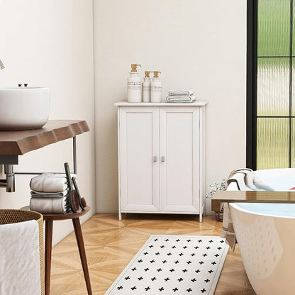 Bathroom Cabinet with Adjustable Shelf Freestanding Storage Cabinet with 2 Doors Wooden Organizer Floor for Bathroom Kitchen and Living Room (White, 2 Doors)