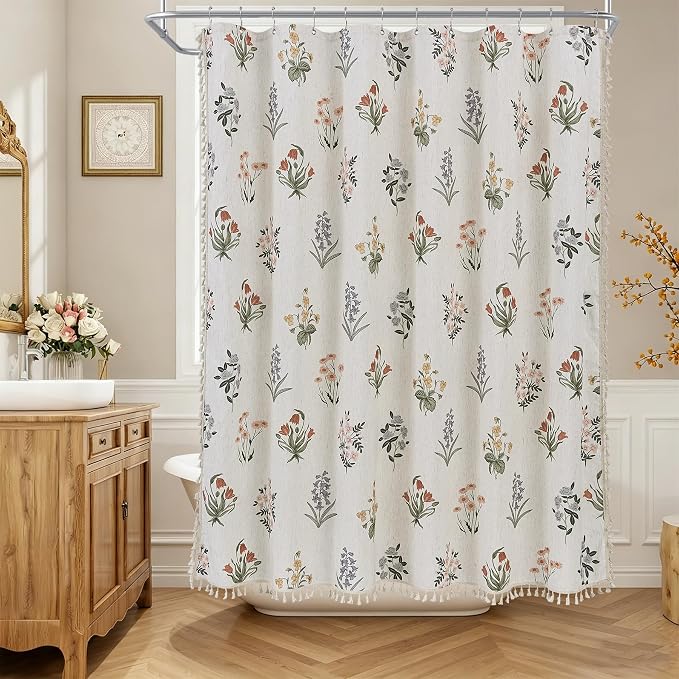 ORTIGIA Linen Textured Shower Curtain with Tassels,Vintage Floral Boho Cottagecore Waterproof Bath Curtain Metal Hooks for Rustic Farmhouse Bathroom Decor 72x72 Inch