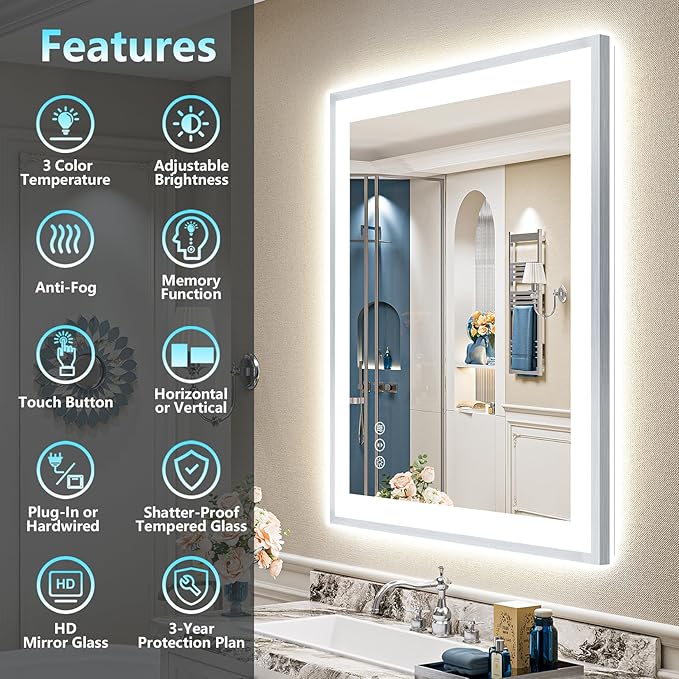 32x36 Inch Brushed Nickel LED Bathroom Mirror, Backlit & Front Lit | Silver Framed Anti-Fog Lighted Vanity Mirror with Lights, 3 Color Dimmable, Memory, HD Tempered Glass, CRI95, IP54, UL Listed
