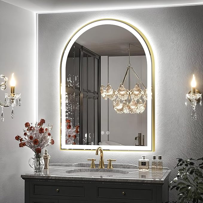 Arched LED Bathroom Mirror, 40"x30" Arch Backlit Vanity Mirror with Lights, Frontlit, Dimmable, 3 Colors, Memory Function, Anti-Fog Smart Mirror, Shiny Gold Frame, Shatterproof, UL Listed