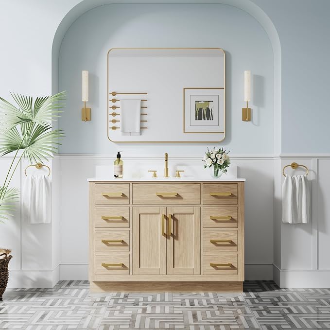 48-Inch Bathroom Vanity with Sink W/ 2 Doors & 8 Drawers & 1 Flip Drawer, Oak Vanity W/Brushed Gold Handles