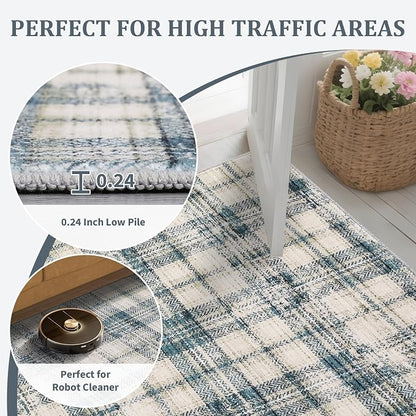 Washable Rugs Runner Rug 2x6 Modern Plaid Area Rug Soft Carpet 2'x6' Green/Beige