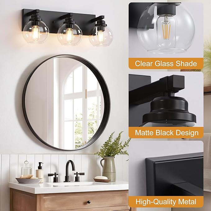 Bathroom Light Fixtures, 3-Light Matte Black Vanity Lights, Modern Bathroom Lighting Fixtures Over Mirror, Farmhouse Vanity Lights with Glass Shade for Living Room, Bedroom, Hallway