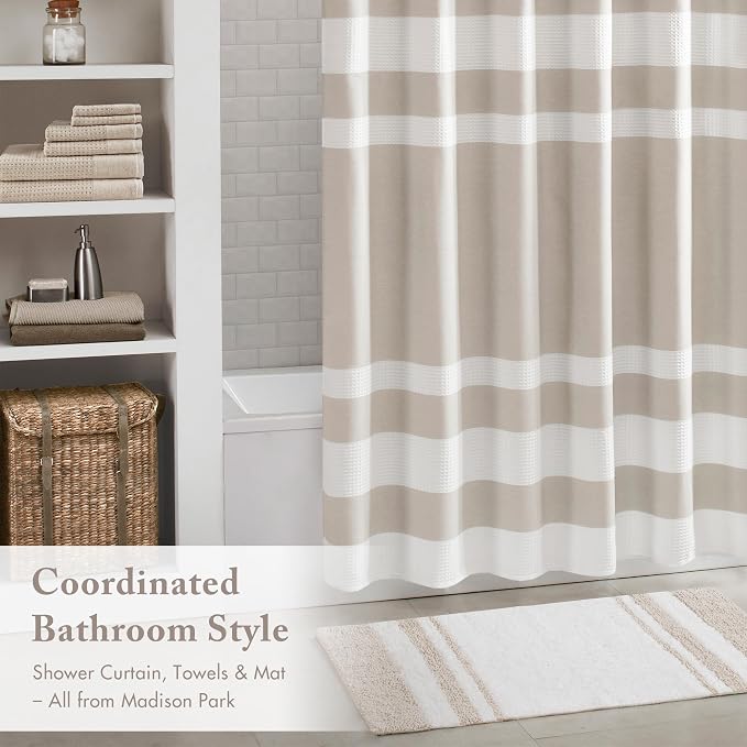 Madison Park Spa Cotton Bath Rug Non-Slip Absorbent, 27 x 45, Taupe | Quick Dry, Ultra Soft, Pile, Machine Washable, Striped Pattern, Plush, OEKO-TEX Certified