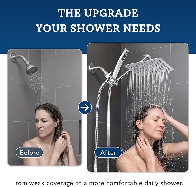 G-Promise All Metal 8" Rain Shower Head with Handheld for Bathroom Upgrade | All Metal, Built to Last, Easy Install, Adjustable Height & Angle for All Heights, Extra Long Hose, Modern Upgrade