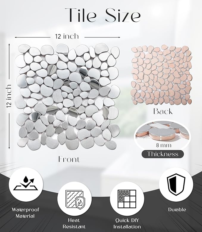 Metal Pebble Mosaic Tiles, 5 Sheets Stainless Steel Backsplash Tile Mesh Mounted, Silver Metal Tile for Kitchen Bath Backsplash Shower Floor