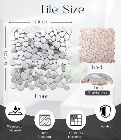 Metal Pebble Mosaic Tiles, 5 Sheets Stainless Steel Backsplash Tile Mesh Mounted, Silver Metal Tile for Kitchen Bath Backsplash Shower Floor