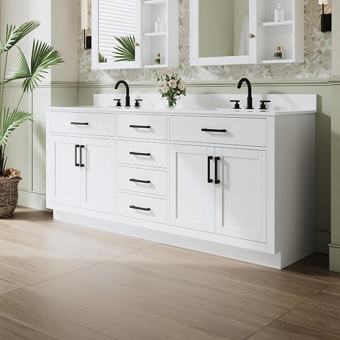 80-Inch Bathroom Vanity with Double Sinks W/ 4 Doors & 4 Drawers & 2 Flip Drawers, White Vanity W/Matte Black Handles