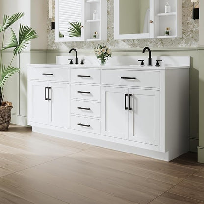 80-Inch Bathroom Vanity with Double Sinks W/ 4 Doors & 4 Drawers & 2 Flip Drawers, White Vanity W/Matte Black Handles