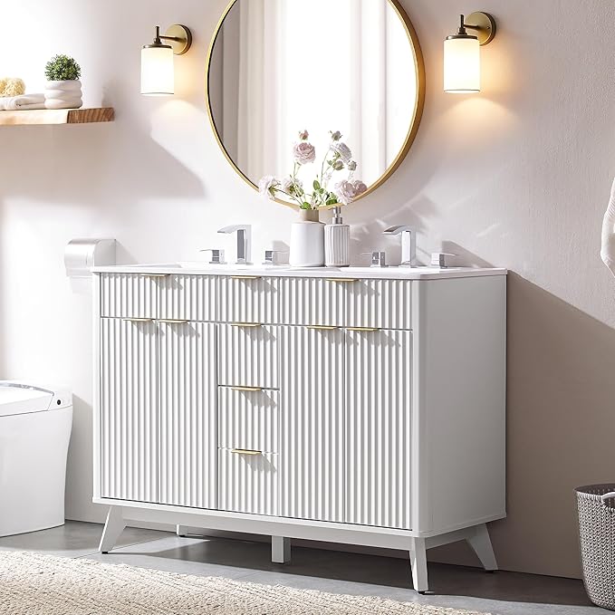 T4TREAM 48" Fluted Bathroom Vanity with Resin Sink Combo，Freestanding Modern Bathroom Storage Vanity Cabinet with Soft Closing Doors & 2 Drawers，Wood Grain Texture，Metal Handle，White