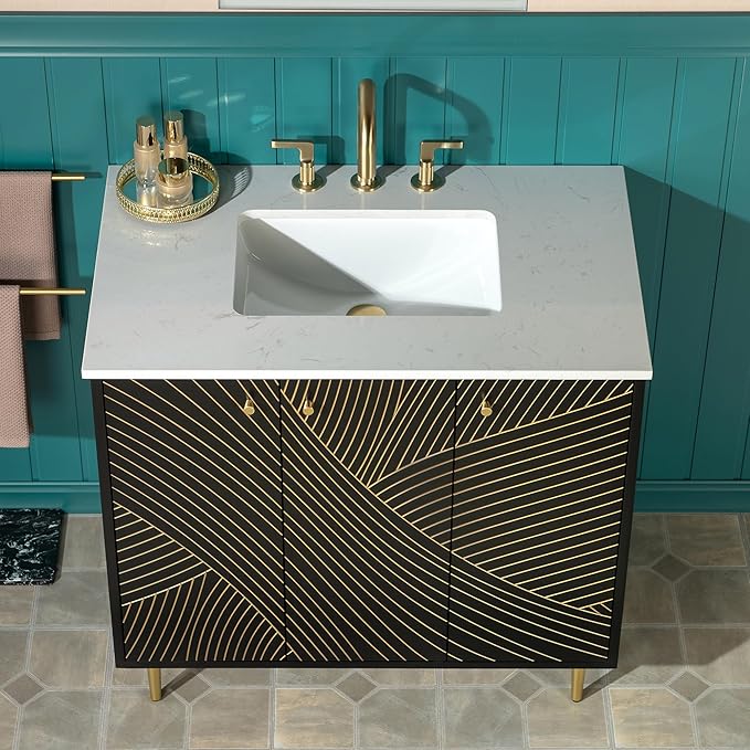 Woodbridge 36"x22" Bathroom Vanity with Single Ceramic Undermount Sink, White Engineered Stone Top, Hand-Painted Black & Gold Accents, Sleek Thin-Leg Frame, Space-Saving for Modern Living