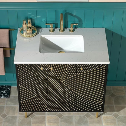 Woodbridge 36"x22" Bathroom Vanity with Single Ceramic Undermount Sink, White Engineered Stone Top, Hand-Painted Black & Gold Accents, Sleek Thin-Leg Frame, Space-Saving for Modern Living