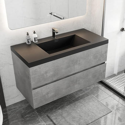 42 Inch Floating Bathroom Vanity with Sink, Modern Grey Wall Mounted Floating Vanity with Scratch-Resistant Quartz Sand Basin and Soft Closing Drawers, Pre Assembled Bathroom Vanity