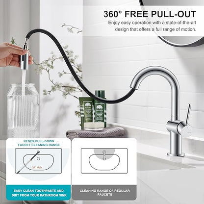 KENES Pull Out Bathroom Sink Faucet, Polished Chrome Single Handle Bathroom Faucet with Pull Down Sprayer, Vanity Bar Faucet with Pop Up Drain & Deck Plate, KE-9065B-5