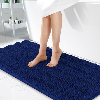 OLANLY Thick Bathroom Runner Rugs 47x24, Soft Chenille Long Bath Rugs, Navy | Absorbent Striped, Rubber Backing, Machine Wash, Bath Mats for Bathroom Floor, Tub and Shower, Home Decor Accessories
