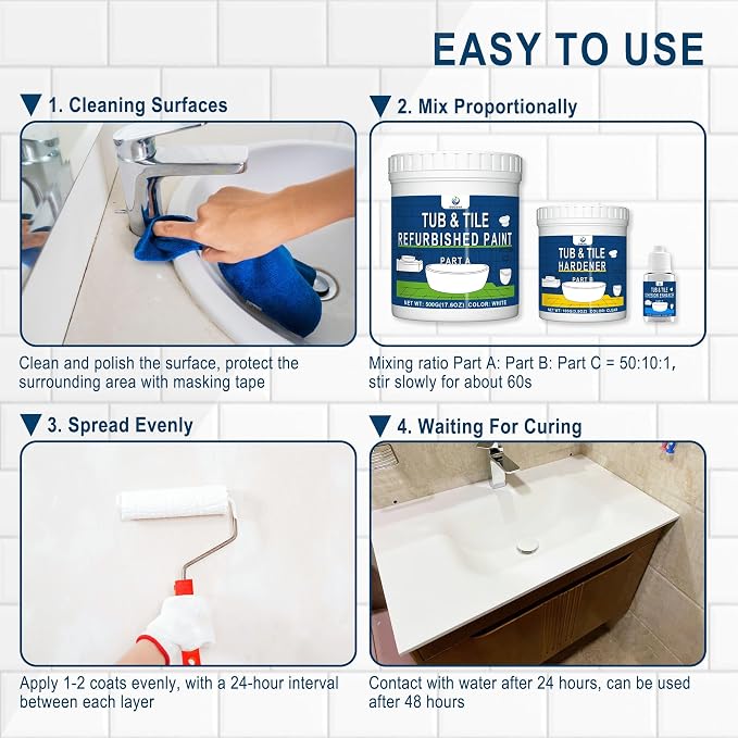 XUDOAI Bathtub Refinishing Kit Gloss White 21.5oz Tub Paint Reglazing | Tub and Tile Refinishing Kit with Tools, Paint for Bathroom/Kitchen/Shower/Porcelain/Sink/Ceramic