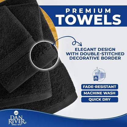 DAN RIVER 8 Piece Luxury Bath Towels for Bathroom, Towel Set, Black | 2 Bath towels, 2 Hand towels, and 4 Wash Cloths, 600 GSM 100% Ring Spun Cotton, Highly Absorbent, Gym, Hotel, guest, and Spa