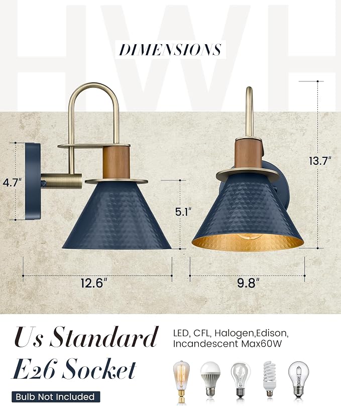 Modern Wall Sconces, HWH Industrial Sconce Wall Lighting Indoor Wall Lamp, 1-Light Barn Vanity Light for Kitchen Bedroom, Hammered Metal Shade, Navy Blue Finish, 5HZG74B-L BL+BG