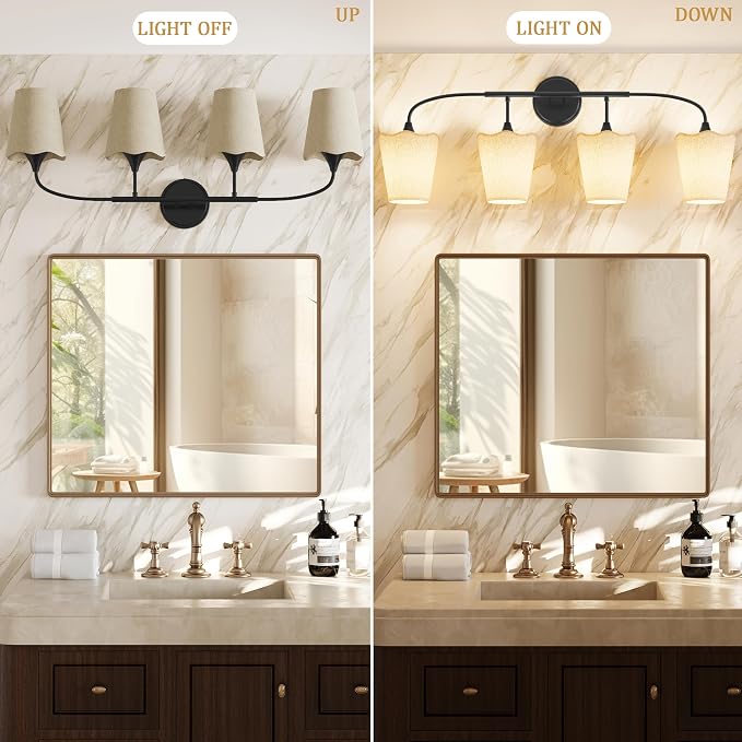 Morauroral Bathroom Light Fixtures Over Mirror, 4 Light Vanity Light for Bathroom, Black Vanity Light Fixtures with Fabric Linen Shade, E26 Socket Sconce Wall Decor(ETL Listed)