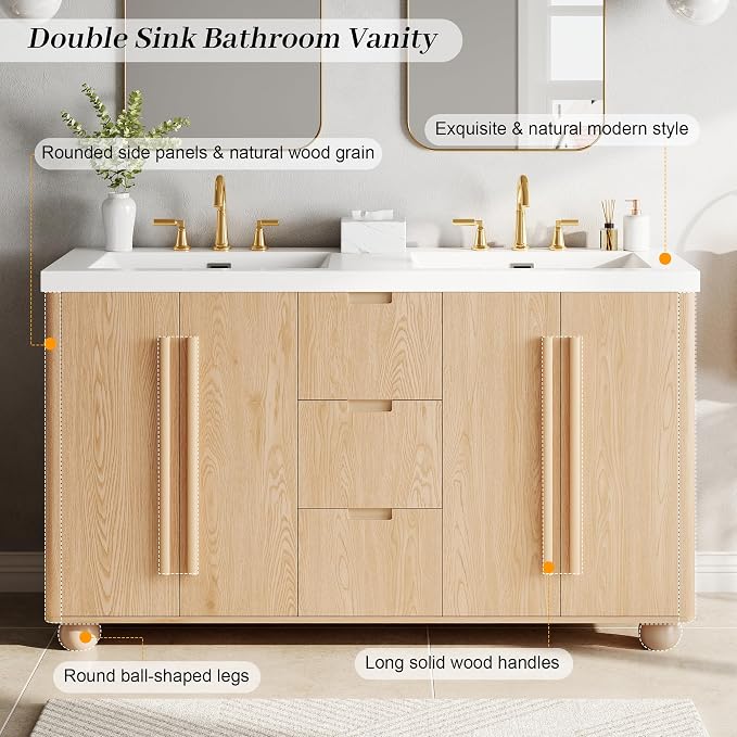 60 Inch Double Bathroom Vanity with Double Sinks, Soft Closing Doors and Drawers, Solid Wood Frame & MDF Modern Bathroom Sink Cabinet, Freestanding, Nature Wood