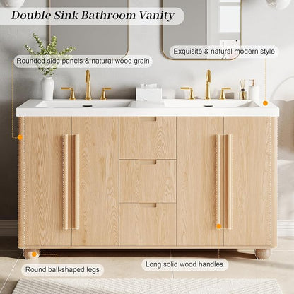 60 Inch Double Bathroom Vanity with Double Sinks, Soft Closing Doors and Drawers, Solid Wood Frame & MDF Modern Bathroom Sink Cabinet, Freestanding, Nature Wood