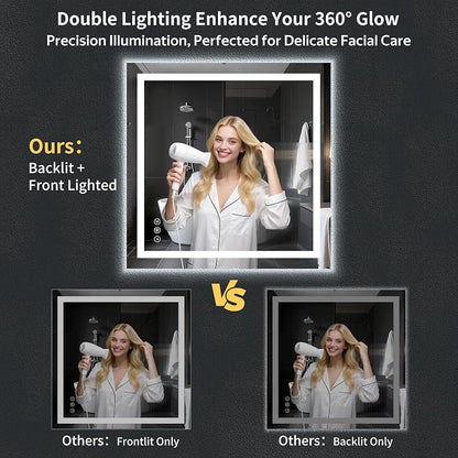 47"x47" LED Bathroom Mirror with Lights, Backlit+Frontlit, Anti-Fog | CRI 95, Stepless Dimmable, 3 Colors Lighting, Shatterproof Tempered Glass, HD Reflection, Memory, (Horizontal/Vertical)
