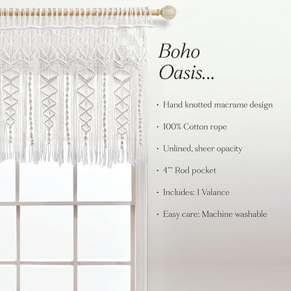Lush Decor Boho Macrame Textured Cotton Valance, 50" W x 20" L, White - Boho Kitchen Curtains & Wall Decor - Macrame Valance - Bathroom Window Curtains