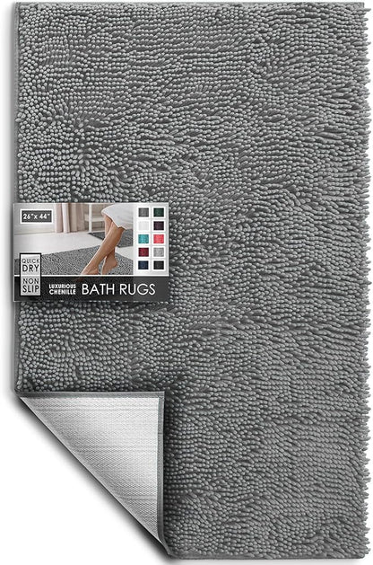 Hearth & Harbor Bathroom Rugs, Chenille Bath Mat - Machine Washable Bath Mats for Bathroom Non-Slip Backing Rubber, Quick Dry Bathroom Mat, 26 x 44 - Frost Grey