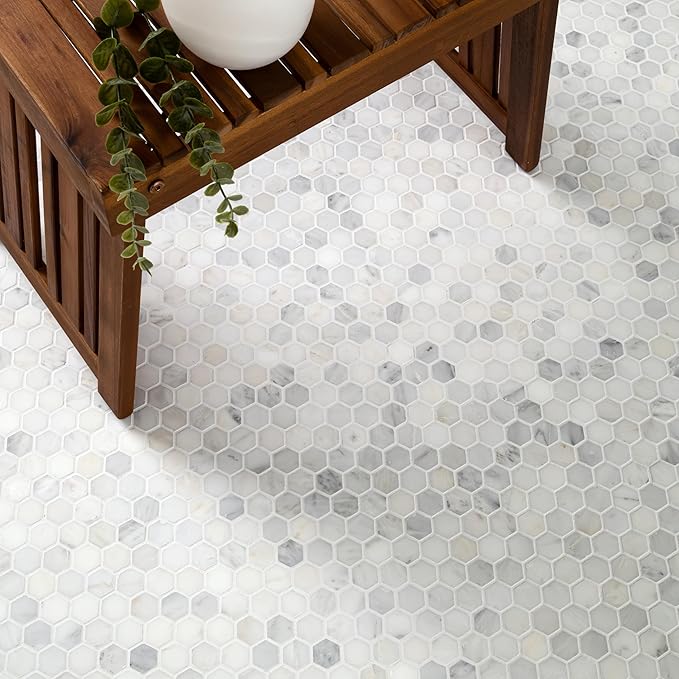 MSI Arabescato Carrara Honed Marble Tile for Kitchen Backsplash, Wall Tile for Bathroom, Accent Wall Tile, and Shower Wall Tile, 11.1 in. X 11.5 in. Mesh-Mounted Mosaic Tile, (8.9 sq. ft.)