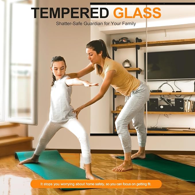 Large Full Body Mirror for Yoga, Frameless Wall-Mounted Glass Panel (60"x25"-Black) 2PCS for Home, Garage, Bedroom & Bathroom