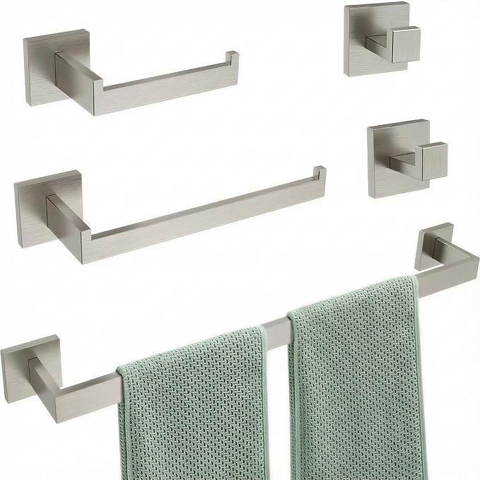 5-Piece Bathroom Hardware Set, 23.6 in Towel Bar, Brushed Nickel | 304 stainless steel, towel ring, toilet paper holder, 2 robe hooks, wall-mounted, installation hardware included