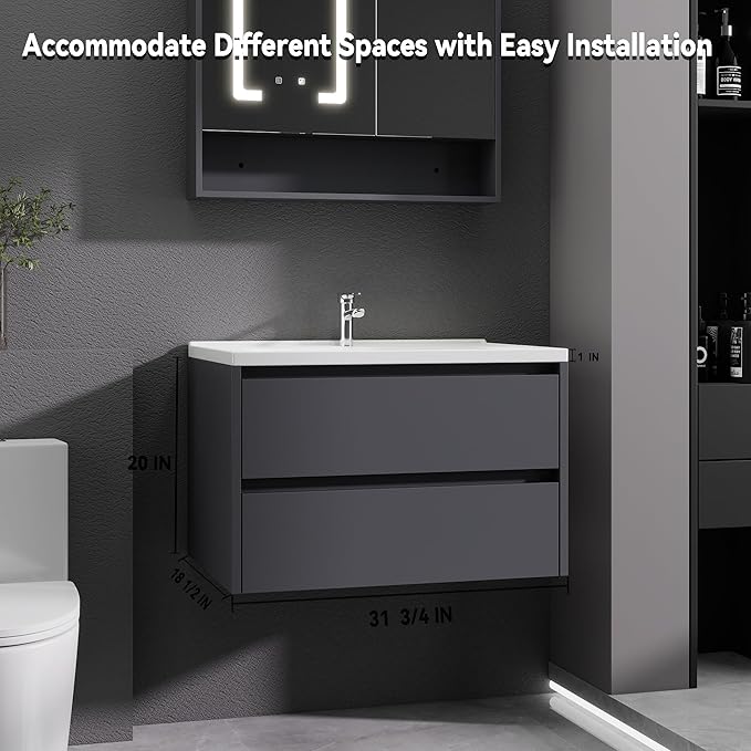 Dark Gray Floating Bathroom Vanity with Sink, 31x18 Inch Wall Mounted Bathroom Cabinet with 2 Drawers, Modern Single Sink Vanity for Small Bathroom, Space-Saving Storage Cabinet