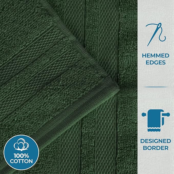 Superior Ultra-Soft Cotton Bath Towel Set, Quick-Dry, Absorbent, Shower, Spa Basics, Large Towels, Bathroom Sets, Bath Essentials, Solid, Double Line Dobby Border, 2 Pack, Set of 2, Forest Green