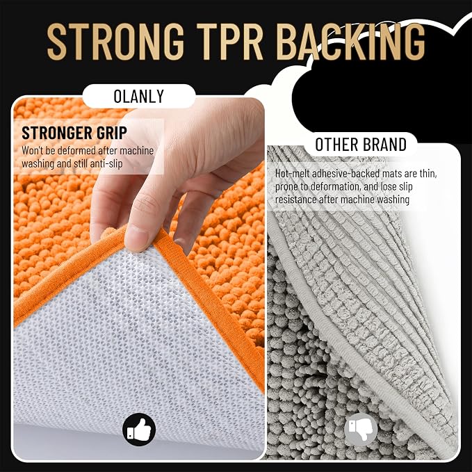 OLANLY Thick Bathroom Runner Rugs 44x24, Soft Chenille Bath Rugs, Orange | Absorbent Striped, Rubber Backing, Machine Wash, Long Bath Mats for Bathroom Floor, Tub and Shower, Home Decor Accessories