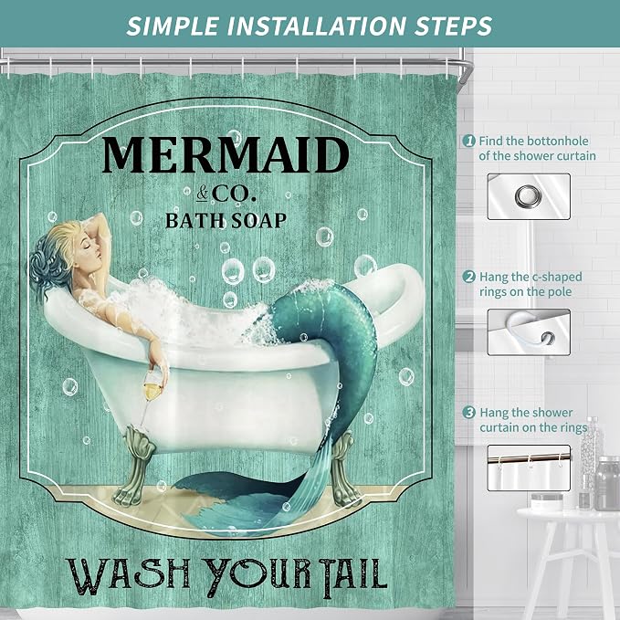 Teal Vintage Mermaid Shower Curtain for Bathroom 72W*72H Inch Little Teal Green Mermaid Wash Your Tail Bathtub Decor Funny Ocean Bathtub Bubbles Wood Aesthetic Waterproof Polyester Fabric