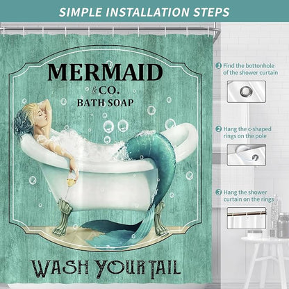 Teal Vintage Mermaid Shower Curtain for Bathroom 72W*72H Inch Little Teal Green Mermaid Wash Your Tail Bathtub Decor Funny Ocean Bathtub Bubbles Wood Aesthetic Waterproof Polyester Fabric
