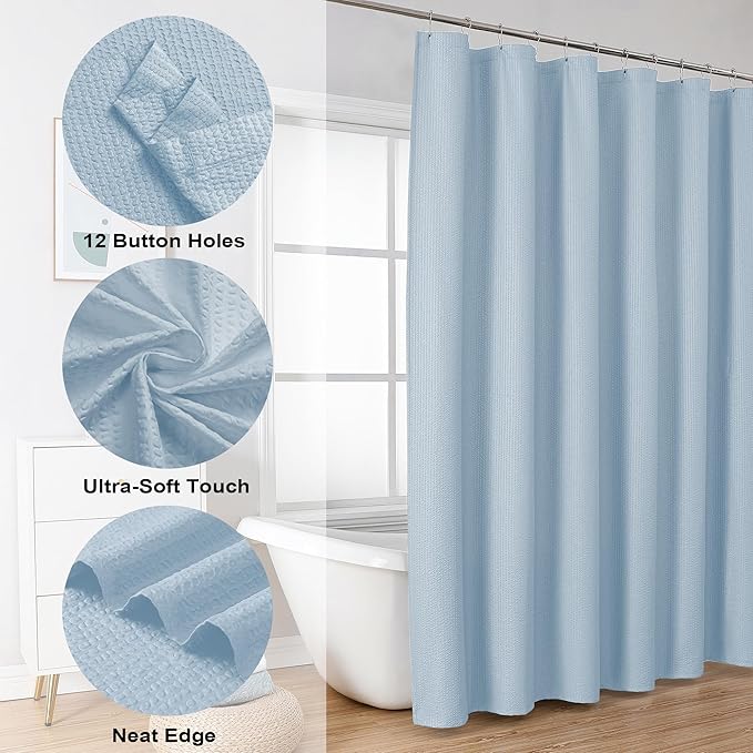 OVZME Glacier Blue Shower Curtain - Embossed Textured Fabric Bath Curtain for Bathroom - Soft Cloth Hotel Spa Luxury, Water Repellent, Machine Washable Long Shower Cloth Curtain, 72Wx78L Inches