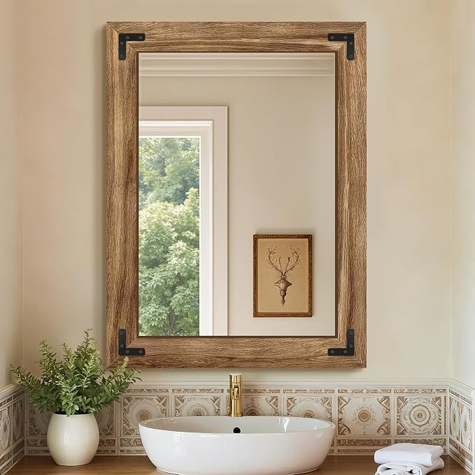 Bathroom Mirror for Wall, 24" x 32" Wooden Vanity Mirror | Solid Wood Frame, Rustic Farmhouse Style, Shatterproof Glass, for Bedroom, Living Room, Entryway Decor, Vertical/Horizontal
